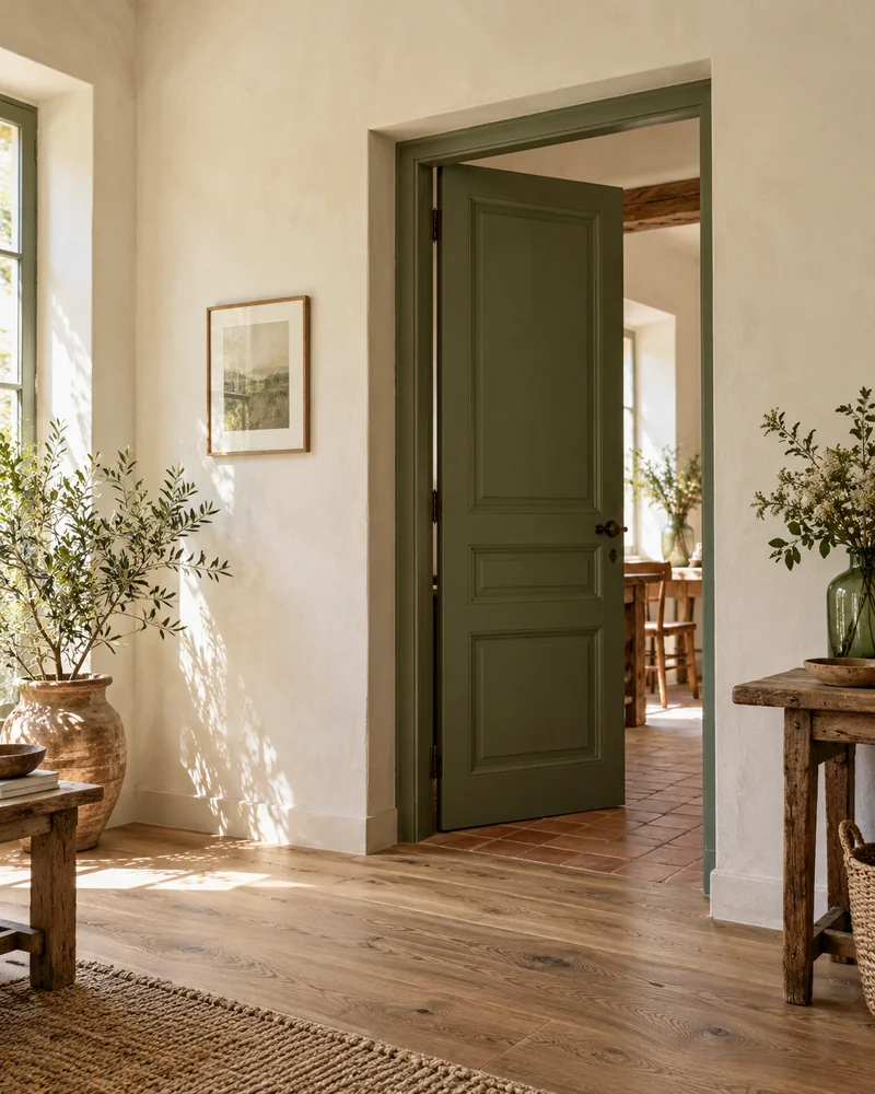 Intérieur lumineux avec une porte verte, un parquet en bois et un seuil en terre cuite.