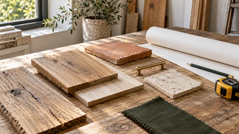 Échantillons de bois, terre cuite et quincaillerie sur une table de travail.