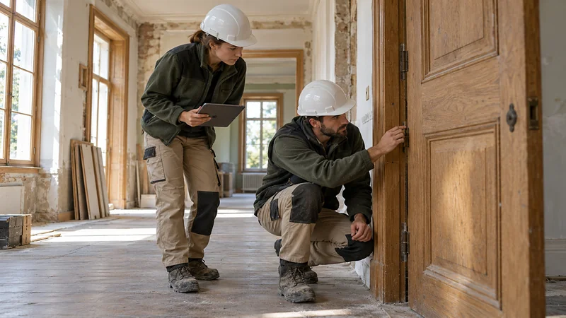 Deux professionnels examinent une porte dans un bâtiment en rénovation.